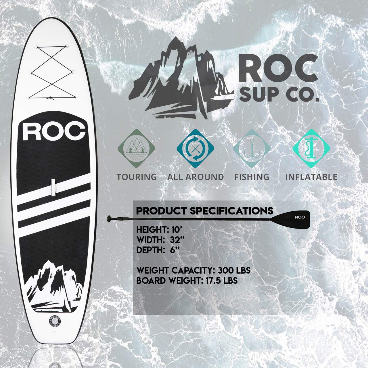 Roc Inflatable Stand Up Paddle Board with Premium sup Accessories & Backpack, Non-Slip Deck, Waterproof Bag, Leash, Paddle and Hand Pump
