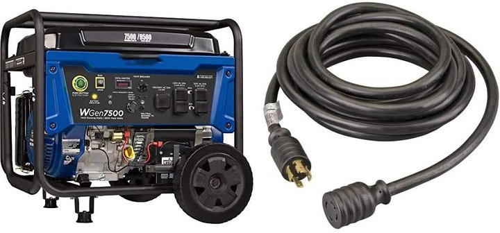 Westinghouse WGen7500 Portable Generator w/ Remote Electric - 7500 Rated Watts & 9500 Peak Watts & Placement Control PC3020 PC3020K Generator Power Cord, Black