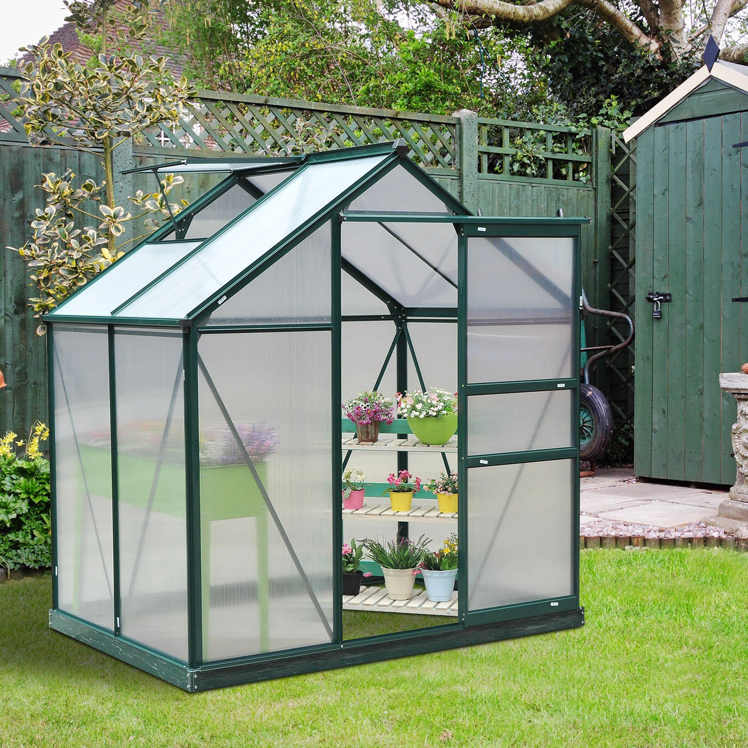 【Home&Garden】【BS】6'x4'x7' Polycarbonate Greenhouse Walk-in Plant Greenhouse for Backyard/Outdoor