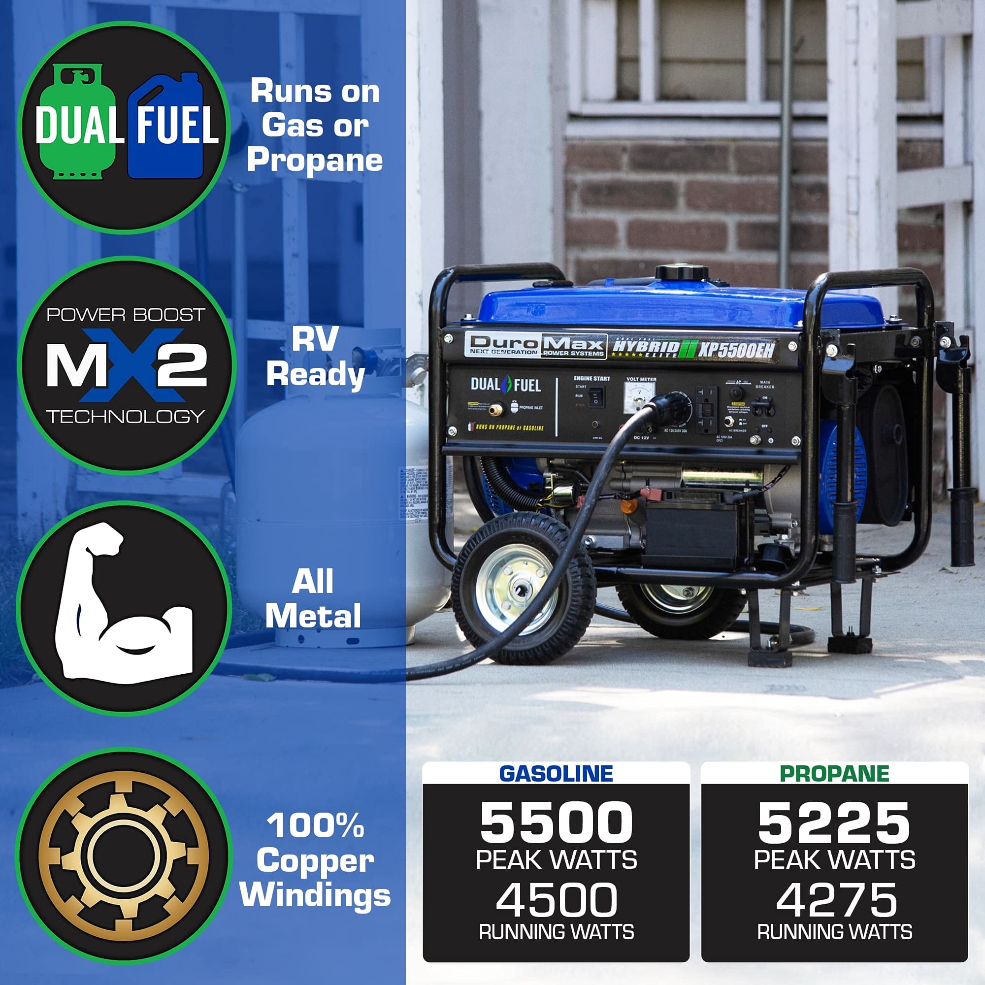 DuroMax XP13000EH Dual Fuel Portable Generator 13000 Watt Gas or Propane Powered Electric Start-Home Back Up, Blue/Gray