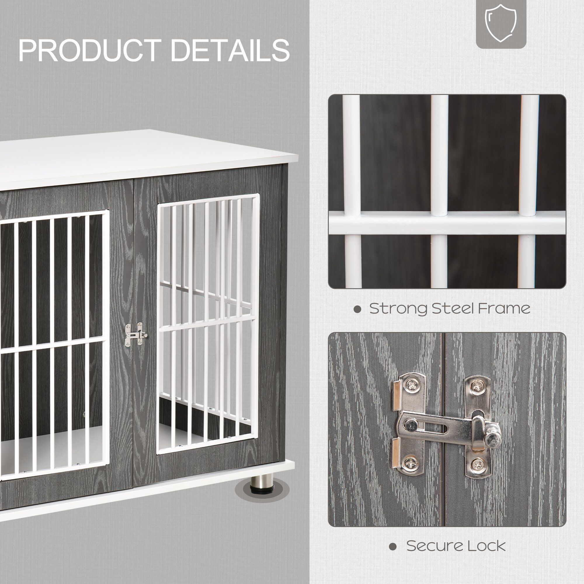 Pawhut Dog Crate, Wooden Pet Kennel Cage With Lockable Door And Adjustable Foot Pads, Modern Design, Grey And White