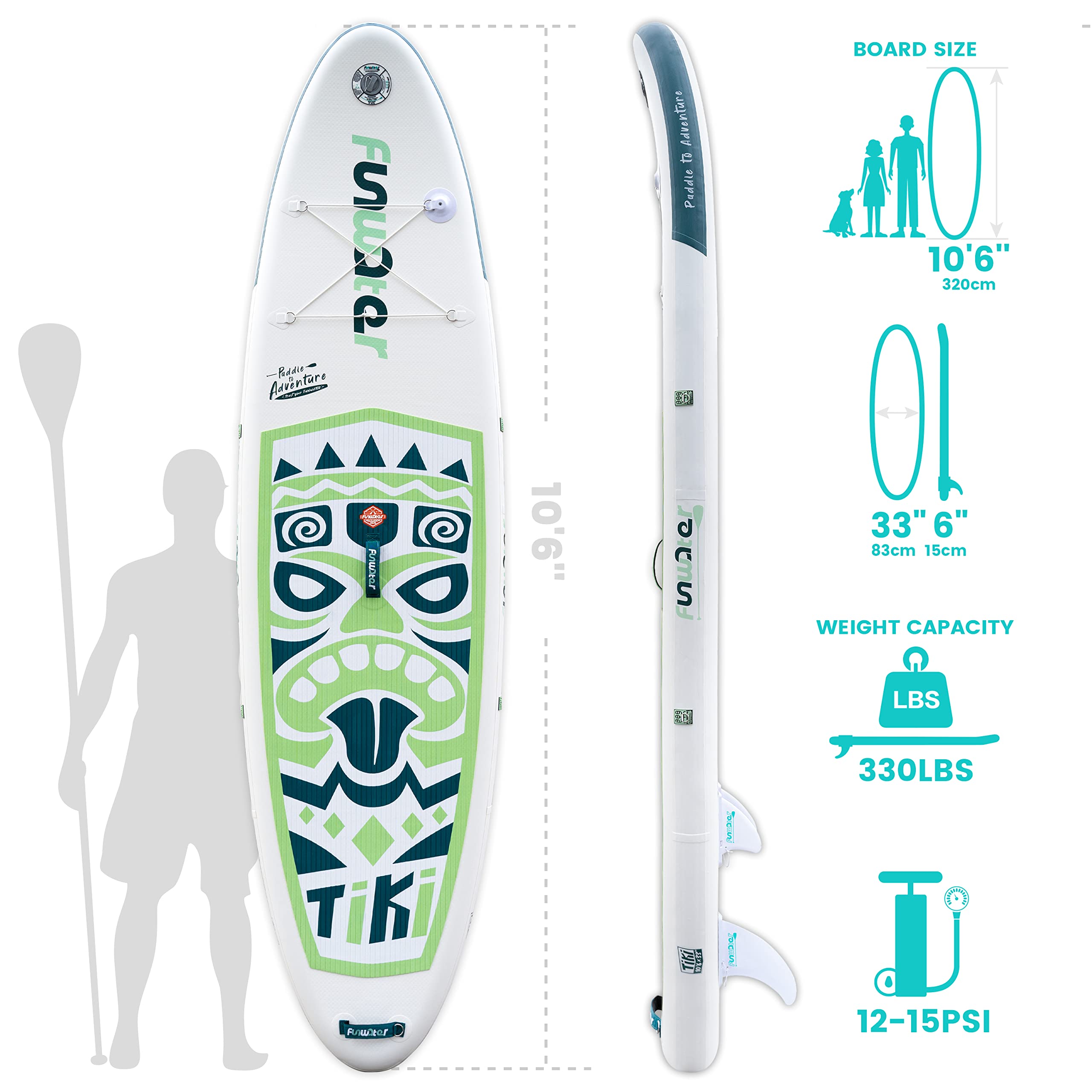 FunWater SUP Inflatable Stand UP Paddle Board 320x83x15cm Ultra-Light Everything Included ISUP, Adj Paddle, Pump, SUP Backpack, Leash, Waterproof Bag, Non Slip Deckpad Youth & Adult