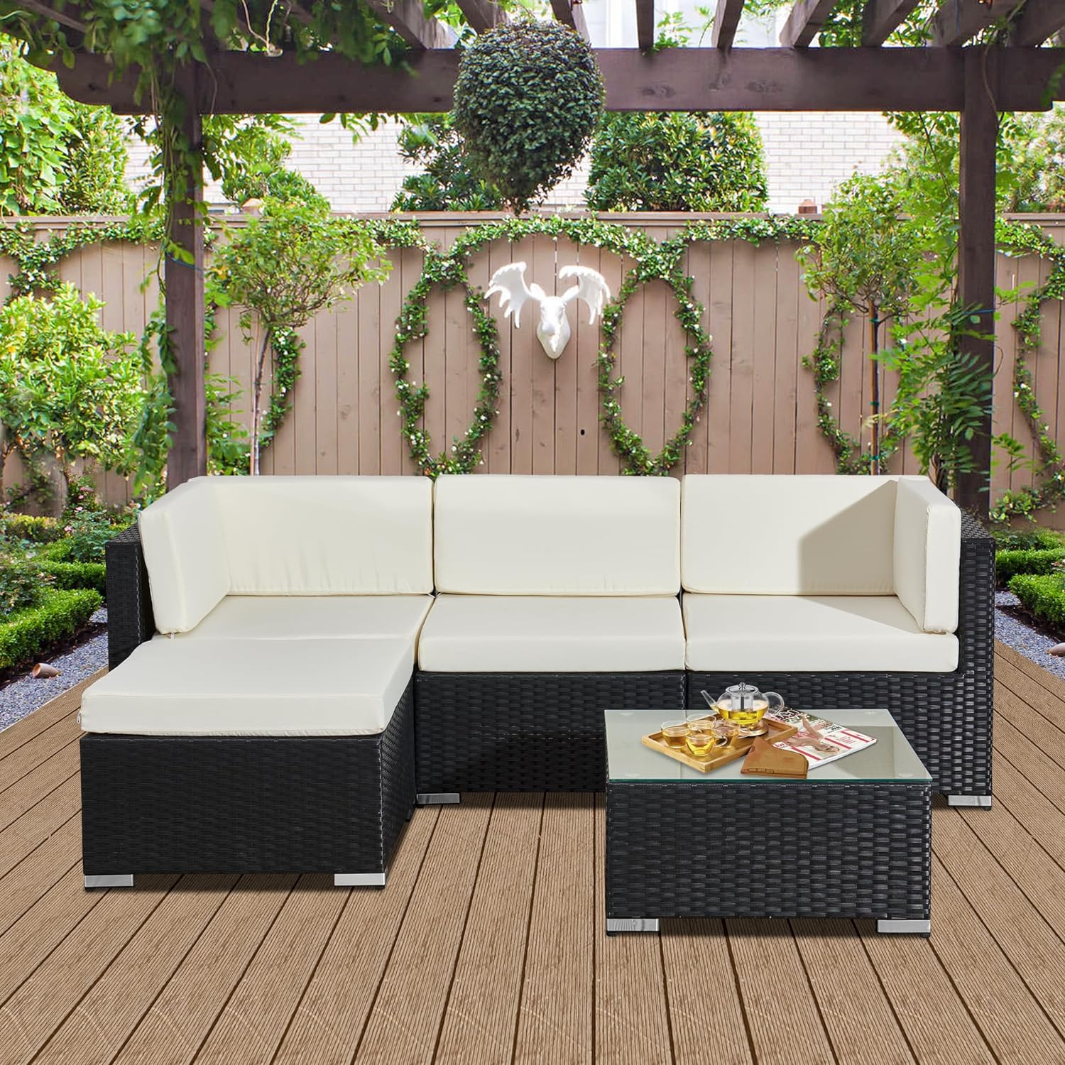 Aweather 5 Piece Rattan Garden Furniture Outdoor Rattan Corner Sofa Set, With Glass Coffee Table, for Garden, Poolside, Backyard