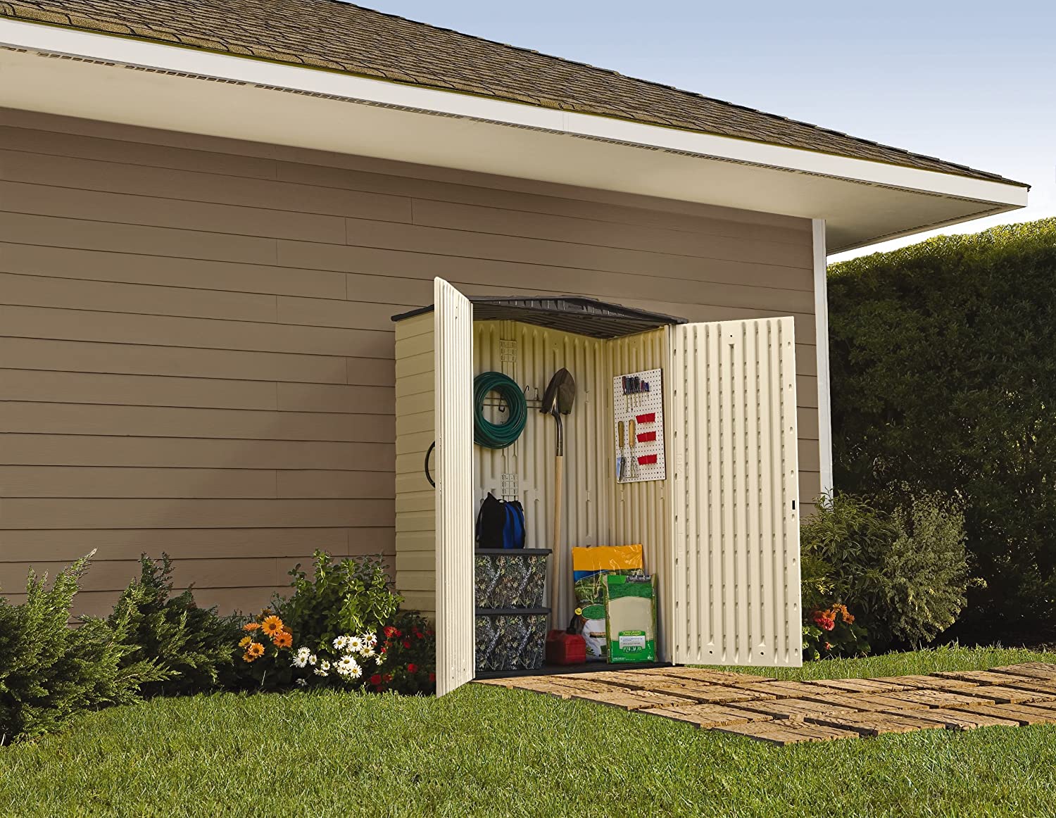 【Storage Shed】Large Plastic Vertical Resin Weather Resistant Storage Shed, 5x6 Ft, Sandstone