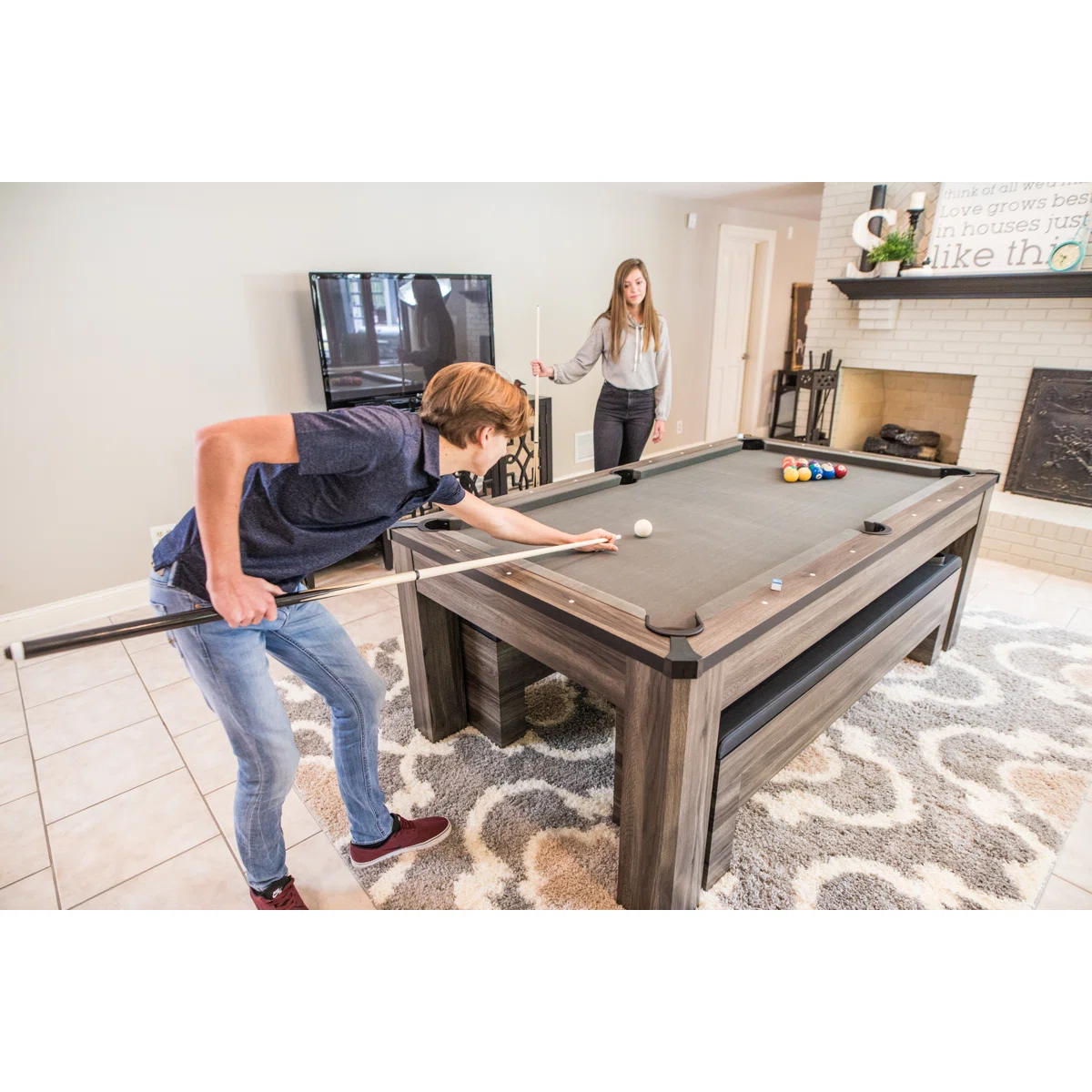 Atomic 7' Hampton 3-in-1 Combination Table Includes Billiards, Table Tennis, and Dining Table with Dual Storage Bench Seating
